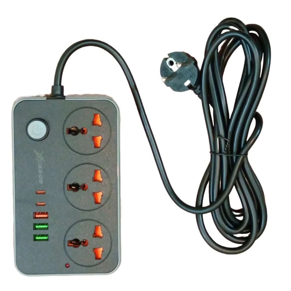Speed-X 603PU 2500W Universal Travel Power Strip - 3 AC Sockets + 5 USB Ports (3 USB-A + 2 USB-C, 17W Auto-ID, 2M Cord) - Image 3