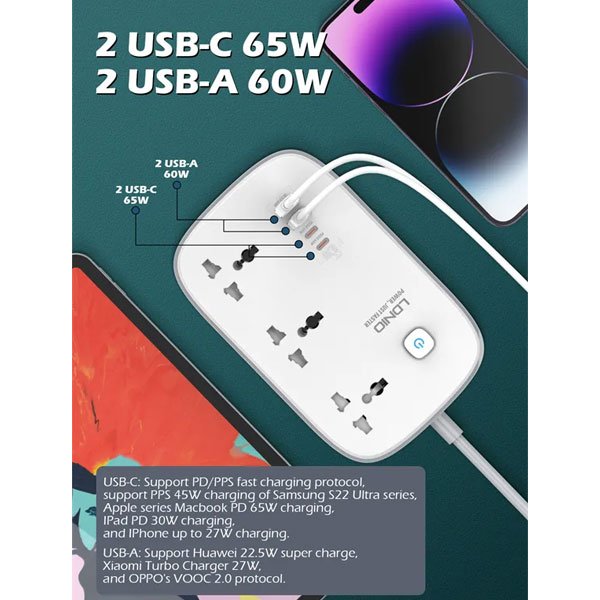 LDNIO SC3416 65W GaN Super Fast Charging Power Strip 3250W - 3 AC Sockets, Dual USB-C PD + Dual USB-A QC3.0, 2M Extension Cord