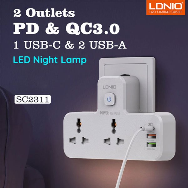 LDNIO SC2311 2500W Direct Wall Tap Power Adapter with Touch Night Light - 2 AC Outlets, 20W PD USB-C + Dual QC 3.0 USB-A