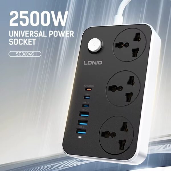 LDNIO SC3604C 2500W Power Strip - 3 AC Outlets with 6 USB Ports (3 USB-C + 3 USB-A, 20W Fast Charging, 2M Extension Cord)