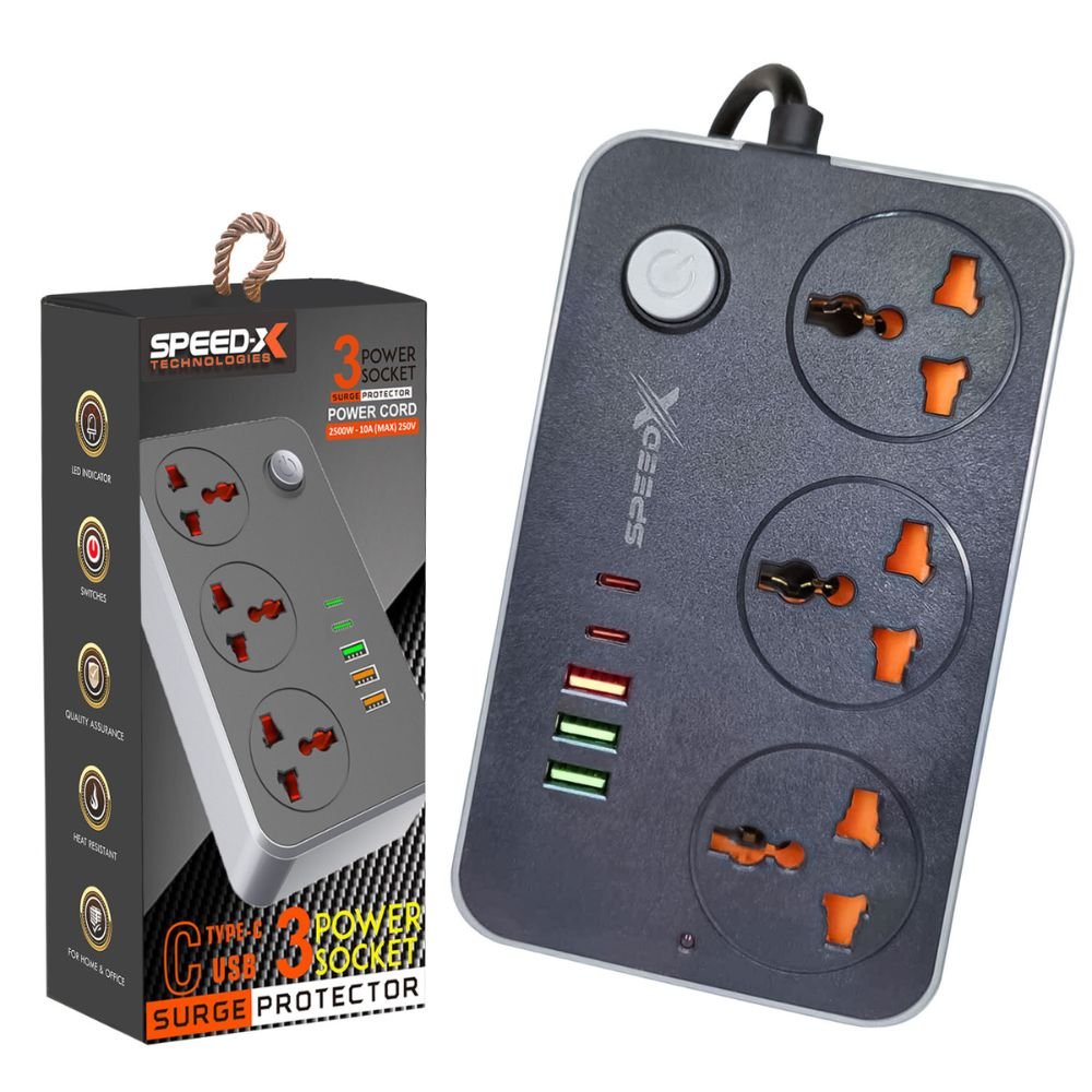 Speed-X 603PU 2500W Universal Travel Power Strip - 3 AC Sockets + 5 USB Ports (3 USB-A + 2 USB-C, 17W Auto-ID, 2M Cord)