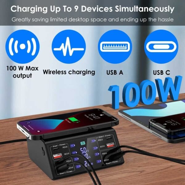 Charging Station 100w 8-port For Multiple Devices With 4 Usb Qc 3.0+4 Type-c Pd Ports Wireless Multi Fast Charging Hub