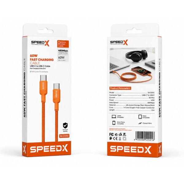 Speed-x Sx-d25c 60w Usb-c To Usb-c Braided Fast Charging Cable 1m