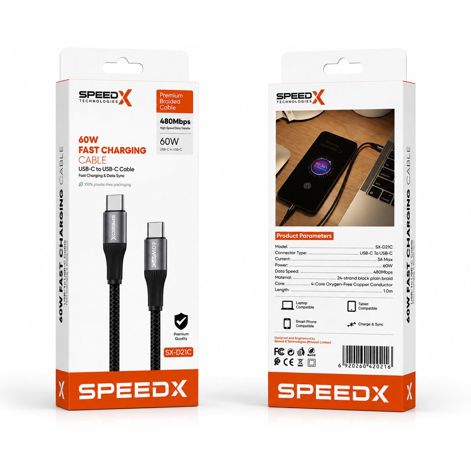 Speed-x Sx-d21c 60w Usb-c To Usb-c Braided Fast Charging Cable (1m)