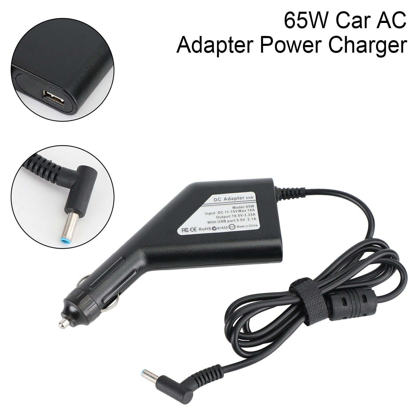 65w Hp Laptop Car Charger 4.5x3.0mm 19.5v 3.33a Blue Pin With Usb Port