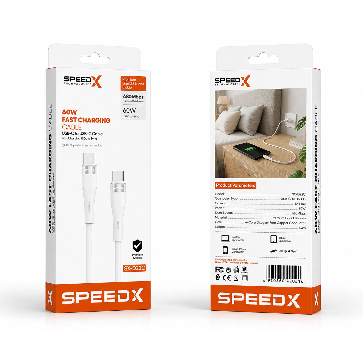 Speed-x Sx-d22c 60w Usb-c To Usb-c Fast Charging Cable 1m
