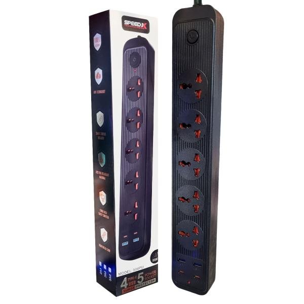 Speed-X 504PU 2500W Heavy Duty Power Strip - 5 Universal AC Sockets + 4 USB Ports (2 USB-A + 2 USB-C, Pure Copper Core, 2M Cord)
