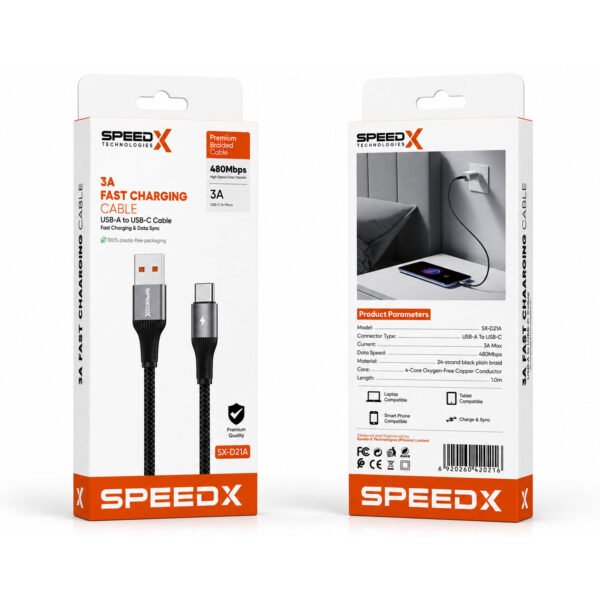 Speed-x Sx-d21a 3a Usb-a To Usb-c Braided Fast Charging Cable 1m