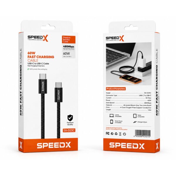 Speed-x Sx-d23c 60w Usb-c To Usb-c Braided Fast Charging Cable 1m