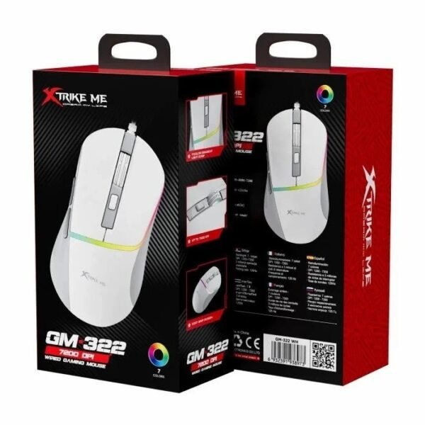 Xtrike Me Gm-322 Wired Gaming Mouse 7200 Dpi Rgb Backlight Ergonomic Design White