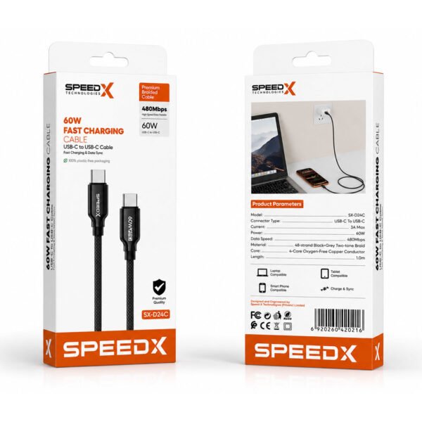 Speed-x Sx-d24c 60w Usb-c To Usb-c Braided Fast Charging Cable 1m