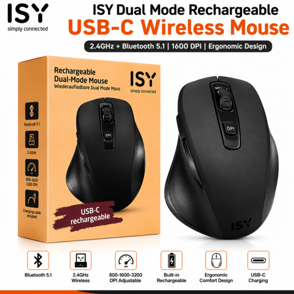 ISY Silent Click USB-C Rechargeable Dual-Mode BT + 2.4G Mouse