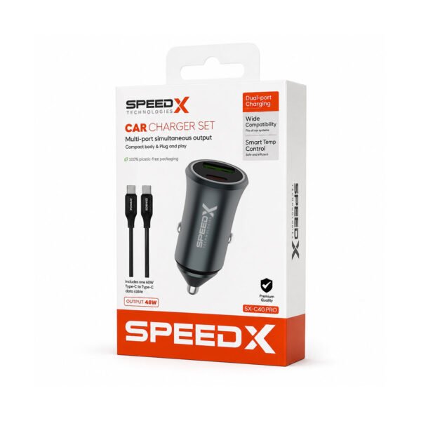Speed-x Sx-c40 Pro 48w Dual Port Fast Car Charger With Usb-c To Usb-c Cable