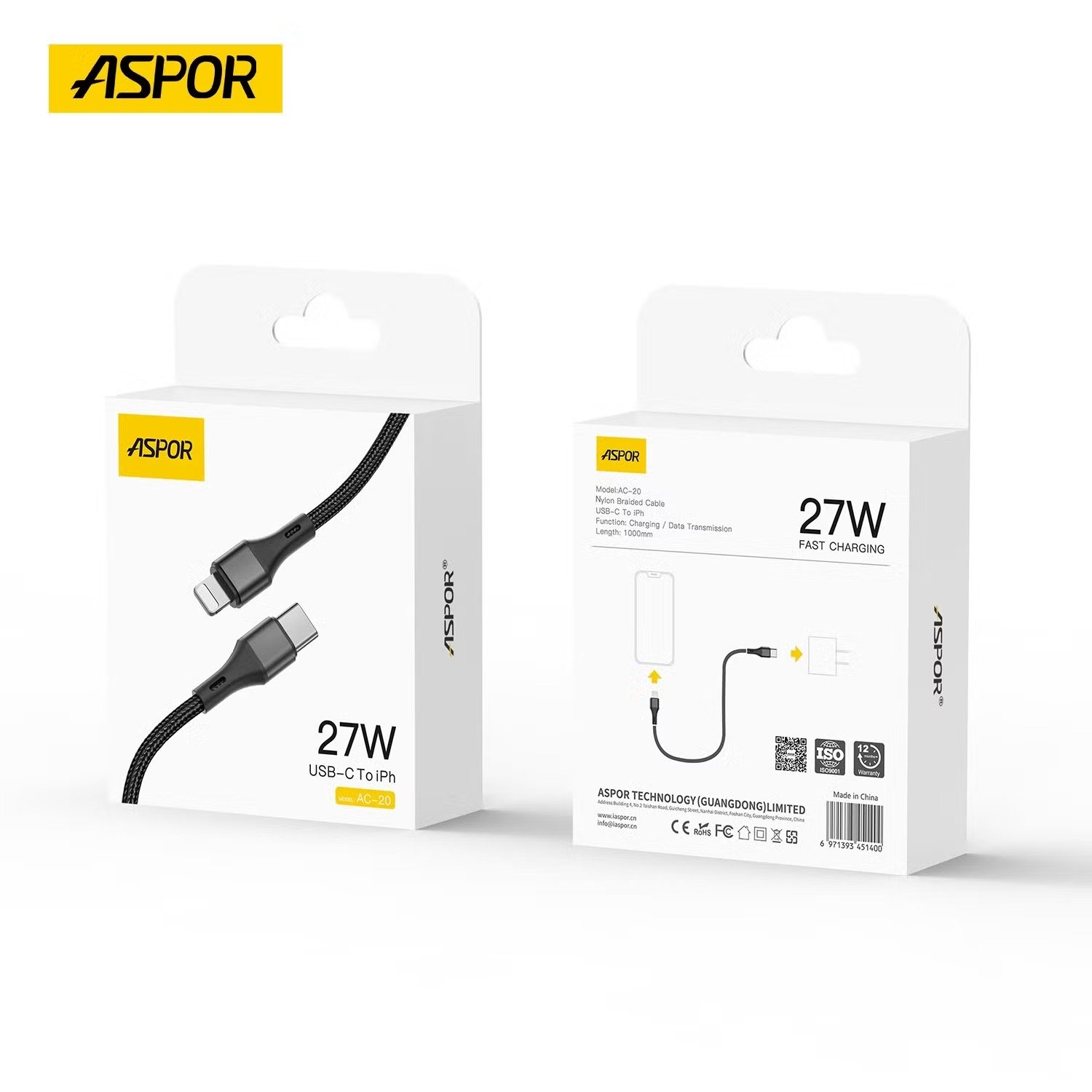 Aspor Ac-20 27w Type-c To Lightning Fast Charging Nylon Braided Data Cable 1.2m