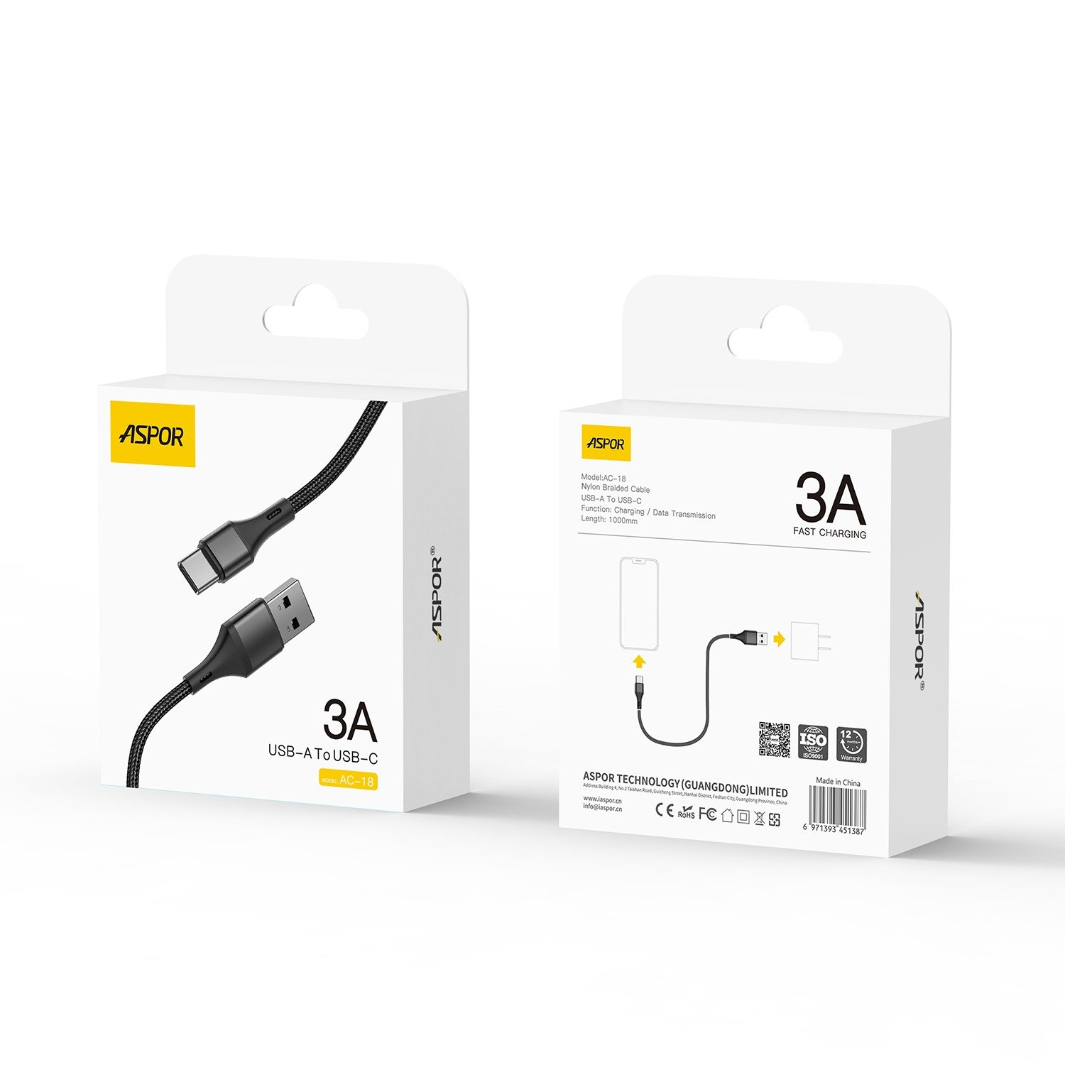 Aspor Ac-18 Usb To Type-c 3a Super Fast Charging Nylon Braided Cable 1m