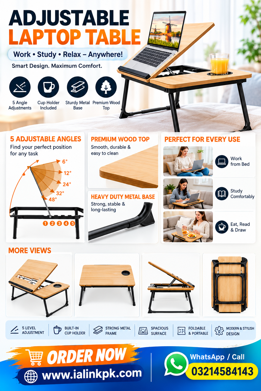 Adjustable Wooden Gaming Laptop Table With For Bed 5 Level Adjustment Board Foldable Stand Ergonomic - Image 2