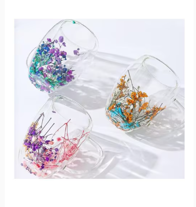 Creative Double Wall Glass Mug Cup with Handle Dry Flower - 350ml