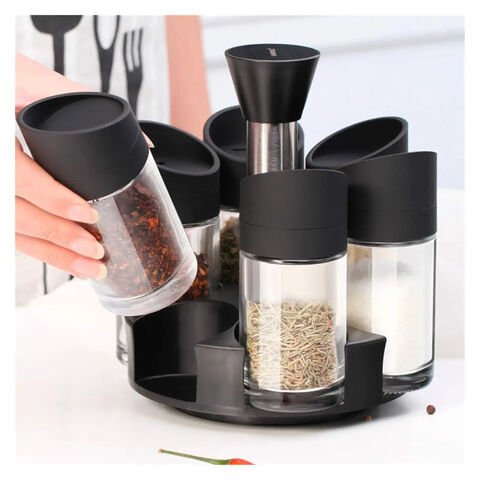 6Pcs Revolving Spice Rack Spice Jar Plastic Bottles With Container
