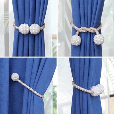 2Pcs Curtain Pearl Magnetic Tiebacks Buckles Straps Ball Punch Free Curtains Hold Clips Curtain Accessories - Multi