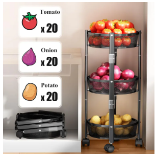 Foldable Multi-Layer Wheel Tire Rotating Vegetable Fruits Shelf Round Organizer 3Layer - Black